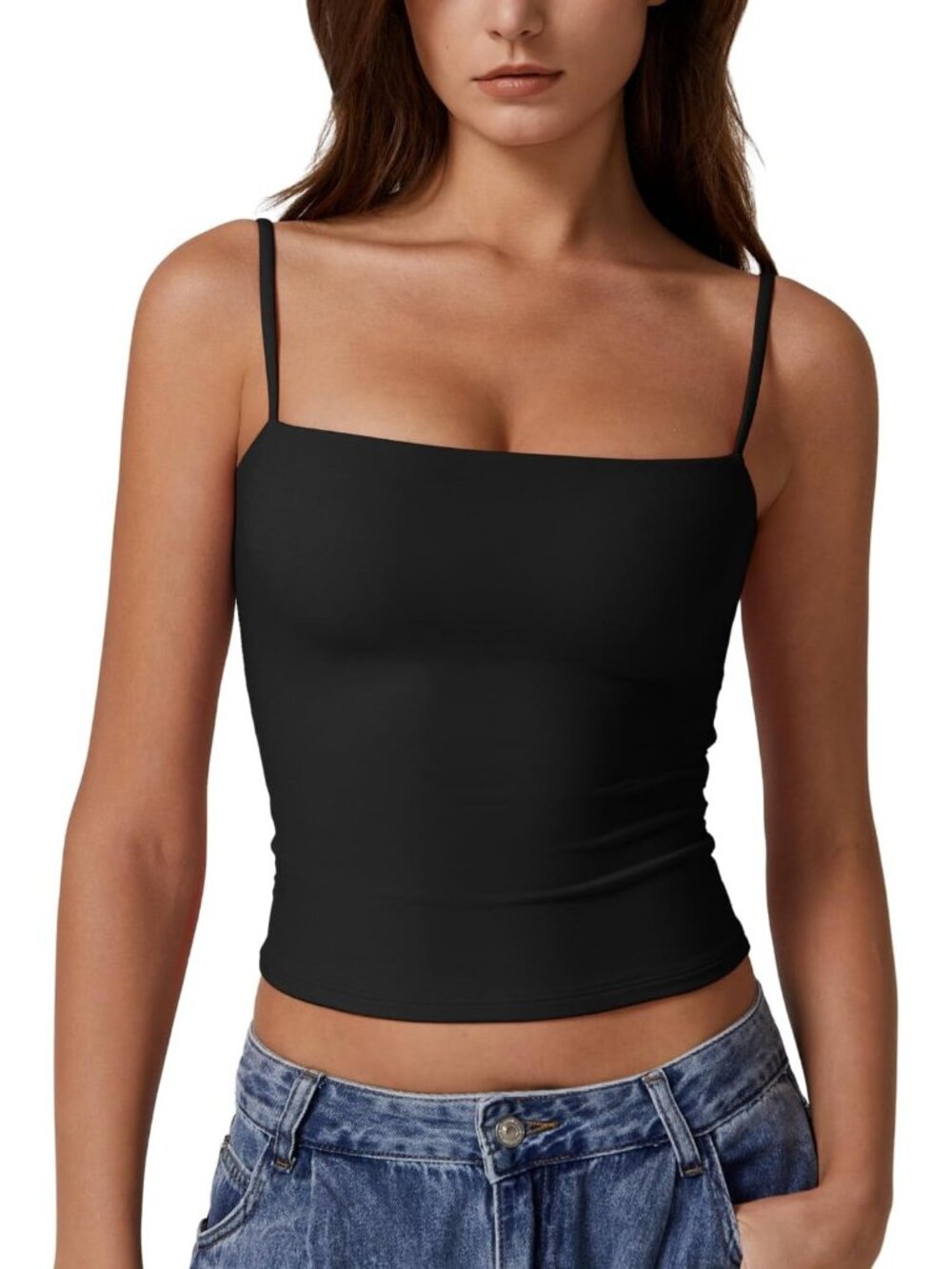 Women's Fitted Sleeveless Tank Top Square Neck Double Layer Stretch Camisole